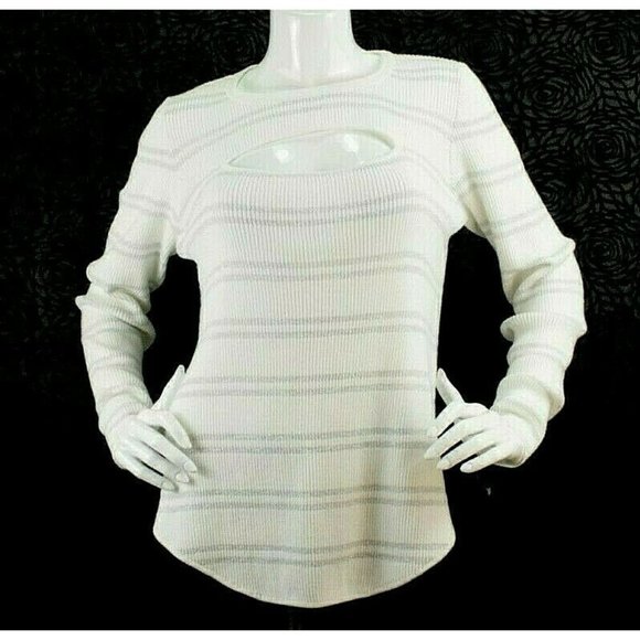 Chaser Sweater Womens Size M Cotton Lurex Ribbed White Silver 2 Keyhole $86 Nwt - Picture 1 of 6